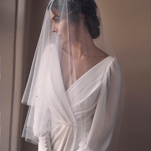 LUMIERE | pearl veil, fingertip veil, ivory fingertip veil with blusher for rustic vintage style wedding