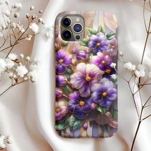 Stained Glass Violet Flower Phone Case, February Floral Gift Idea, Elegant Stained Glass Design for iPhone & Samsung, Tough Protective Cover
