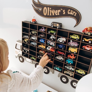 Personalized Wooden Toy Organizer Shelf with Truck Perfect Gift for Kids, Custom Name Sign, Ideal for Boys’ Car and Vehicle Toys Storage