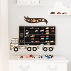 Custom Wooden Toy Organizer Shelf with Truck and Name Sign, Storage for Kids’ Car Toys and Vehicle Collections, Christmas, Birthday gift