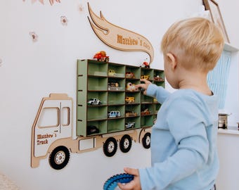 Personalized Truck Shelf for Toy Cars, Wooden Wall Display with Acrylic Details for Kids Room, Fits 1:64 Diecast Toy Cars, Storage for Toys