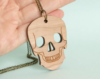 Wooden Skull Necklace Anatomy Jewellery Medical Jewelry Skeleton Brass Chain