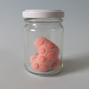 May include: A clear glass jar with a white lid contains a light pink felt object with darker pink circular accents. The jar is sitting on a white surface. The felt object is a unique, handmade item.