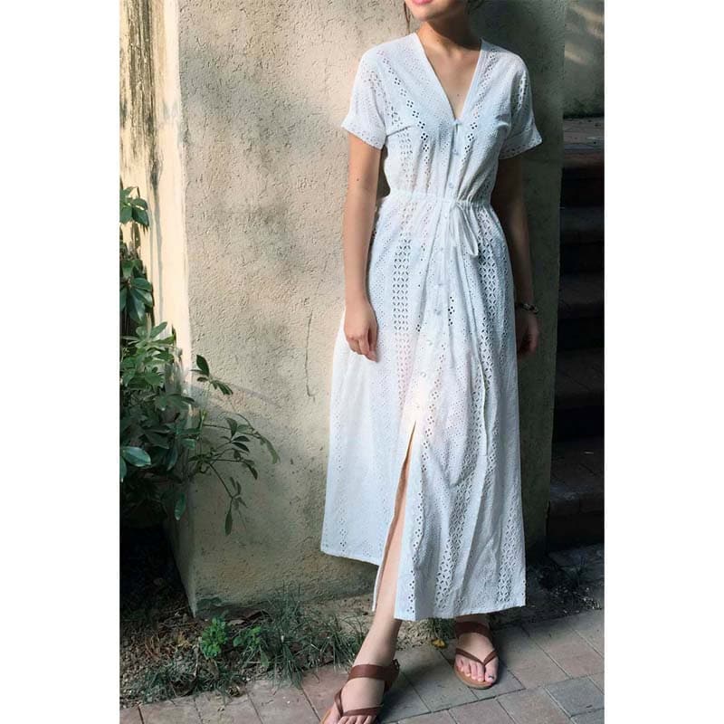 Cotton Embroidery Lace Maxi Shirt Dress Short Sleeves Cardigan