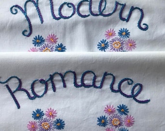 Modern Romance, Hand Embroidered Pillowcases. OOAK, Xmas Love Gift, Partner Gift, Boho Bedroom, Stocking Stuffer