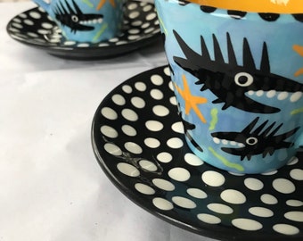 Sharky Coffee Cup Set, Shark Coffee Cups, Handmade Ceramics, Couples Gift, Wedding Gift