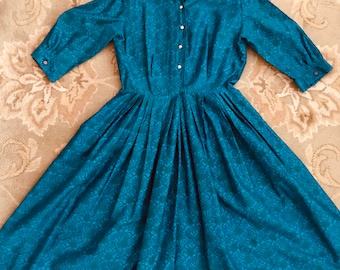 Vintage 1950s Day Dress, Large Vintage Cotton Dress, Blue Green Vibrant Print Dress, Summer Dress, Day Dress