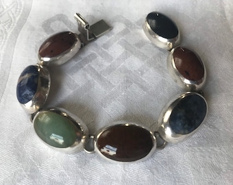 Vintage Mexican Silver Bracelet, Semi-Precious Stone Bracelet, Statement Jewelry, Chain Bracelet