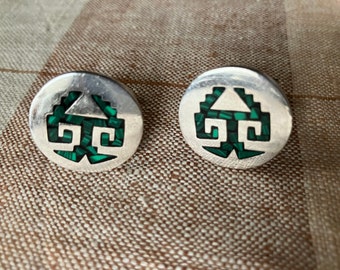 Silver Inlay Cuff Links, Sterling Silver Cufflinks, Mayan Jewelry, Silver and Malachite, 925 Mexican Silver, Southwestern Wedding