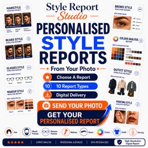 May include: A digital service advertisement for Style Report Studio featuring personalized style reports from photos. The graphic displays ten report types including hairstyle, beard, brows, color, glasses, outfit, makeup, and piercing analysis.