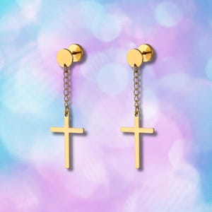 Mens Womens Cross Chain Earrings Pair – Stainless Steel Stud Earrings Gold Silver – Gothic Punk Dangle Hoop Ear Piercing Jewellery