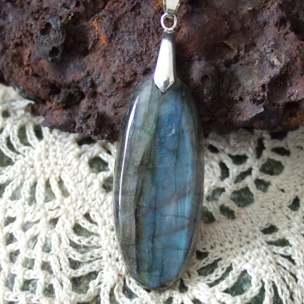 Blue Flash Labradorescence Exists Labradorite Pendant Necklace Sterling Silver Chain Made in Newfoundland Natural