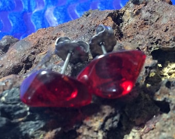 Red Beach Sea Glass Stud Earrings Titanium Ear Post and Clutch Handmade in Newfoundland Rare