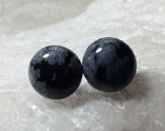 Snowflake Obsidian 10mm Stud Earrings Earings Titanium Post and Clutch Hypo Allergenic Black Grey Lava