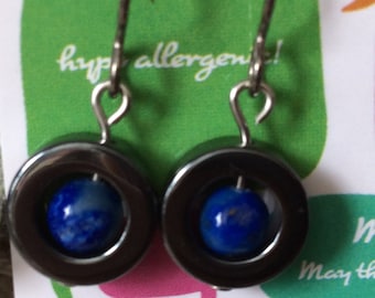 Denim Lapis Lazuli Center Titianium Earwires Hematite Circle Handmade in Newfoundland Optimism Alaska Black Diamond Hypo Allergenic