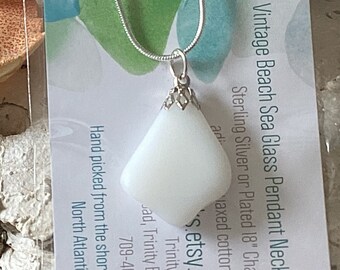White Milk Glass Beach Sea Glass Pendant Necklace Sterling Silver Chain North Atlantic Ocean
