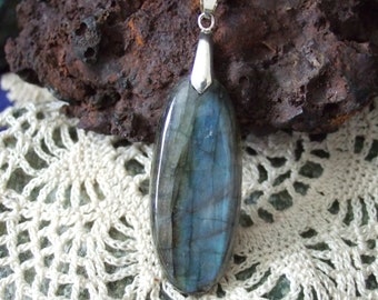 Blue Flash Labradorescence Exists Labradorite Pendant Necklace Sterling Silver Chain Made in Newfoundland Natural