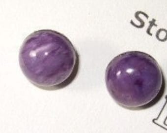 Natural Charoite 8mm Round Stud Type Earrings Earings Titanium Hypo Allergenic Handmade in Newfoundland Rich