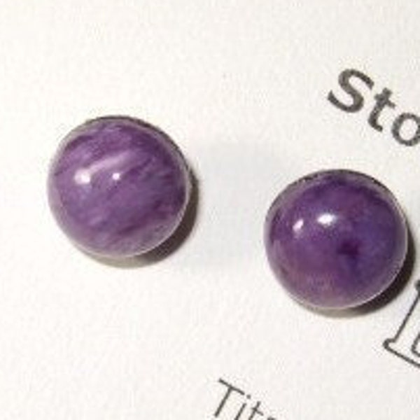 Natural Charoite 8mm Round Stud Type Earrings Earings Titanium Hypo Allergenic Handmade in Newfoundland Rich