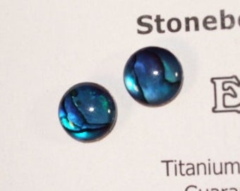 Blue Paua Shell Stud Earrings Titanium Posts and Clutches Handmade in Newfoundland 8mm Round Deep Blue Hypo Allergenic