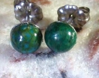 Chrysocolla 6mm Round Stud Earrings Earings Natural Blue Green Handcrafted