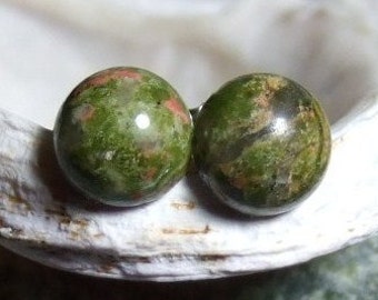 Unakite Stud Earrings Earings Titanium Ear Posts and Clutches 8mm Round Pink and Khaki Green Made in Newfoundland Hypo Allergenic