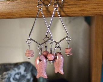 Fish and Chips Pink Rhodonite Gemstone Carved Fish Shaped Earrings Titanium Ear Wires Hypo Allergenic Handmade in Newfoundland