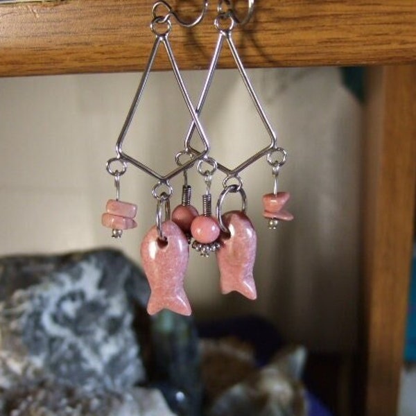 Fish and Chips Pink Rhodonite Gemstone Carved Fish Shaped Earrings Titanium Ear Wires Hypo Allergenic Handmade in Newfoundland