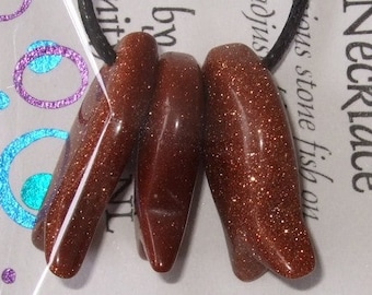 Goldstone (MM) Carved Stone Fishes on Adjustable Black Cotton Cord Made in Newfoundland Semi Precious Stone