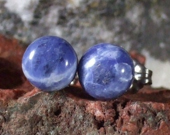 Sodalite 8mm Stud Earrings Titanium Posts and Clutches Made in Newfoundland Blue White Hypo Allergenic