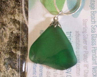 Vintage Green Beach  Sea Glass Necklace Sterling Silver 18 Inch Long Chain Mermaids Tears Newfoundland