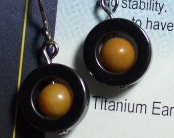 Golden Yellow Mookaite Jasper Center Hematite Circle Dangle Earrings EaringsTitanium Ear Wires  VERSATILITY