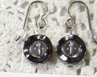 Clear Quartz Center Titianium Earwires Wavy Hematite Circle Dangle Earrings Handmade in Newfoundland Alaska Black Diamond Hypo Allergenic