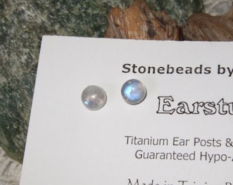 Longer Posts Rainbow Moonstone Blue Tint 6mm Stud Earrings Earings Titanium Post and Clutch Hypo Allergenic Icy Cool