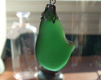 Green Beach Sea Glass Necklace Sterling Silver 18 Inch Long Chain Mermaids Tears