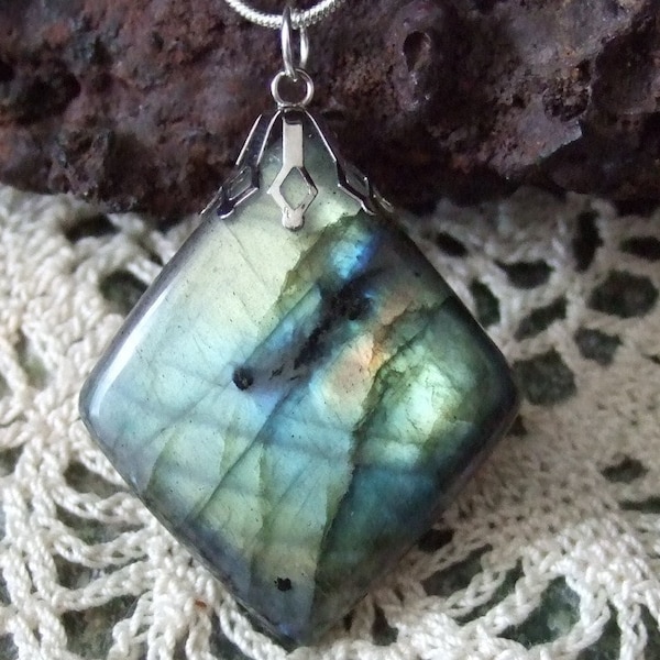Blue Flash Labradorescence Exists Labradorite Pendant Necklace Sterling Silver Chain Made in Newfoundland Natural