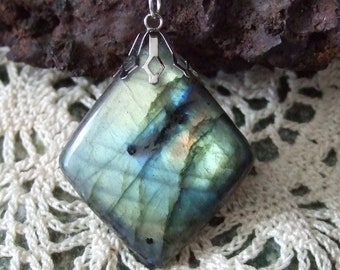 Blue Flash Labradorescence Exists Labradorite Pendant Necklace Sterling Silver Chain Made in Newfoundland Natural