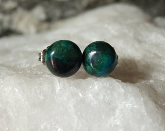 Chrysocolla 8mm Round Stud Earrings Earings Natural Blue Green Handcrafted