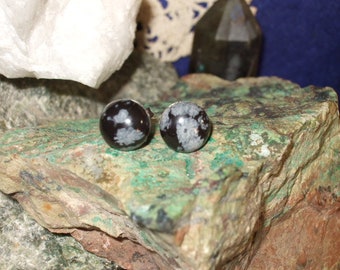 Snowflake Obsidian 10mm Stud Earrings Earings Titanium Post and Clutch Hypo Allergenic Black Grey Lava