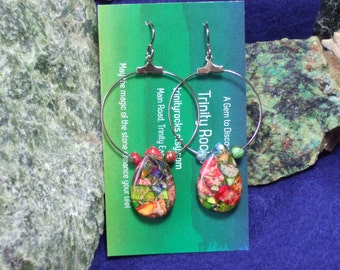 Rainbow Variscite (D) Teardrop Hoop Dangle Earrings Earings Made in Newfoundland Titanium Sensitive Ears