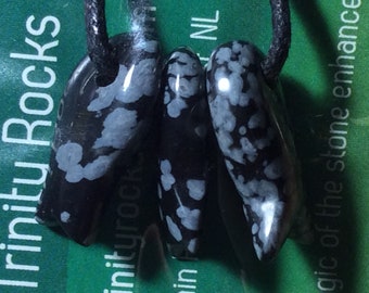 Gemstone Carved 3- Fish Snowflake Obsidian Handmade in Newfoundland Adjustable Cotton Cord