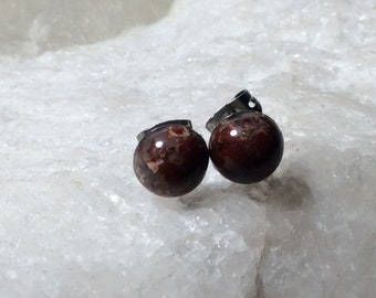 Ear Studs 8mm Poppy Jasper Titanium Posts and Clutches Hypo-Allergenic Made in Newfoundland Relaxation