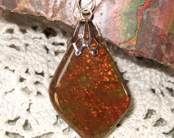 Canadian Ammolite Fossil Gemstone Pendant Necklace Rare Feng Shui High Energy Stone  Dragonskin Sterling
