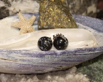 Snowflake Obsidian 8mm Stud Earrings Earings Titanium Post and Clutch Hypo Allergenic Black Grey Lava