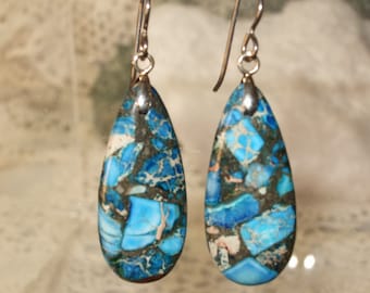 Blue Variscite Teardrop Dangle Earrings Titanium Ear Wires Made in Newfoundland Hypo Allergenic