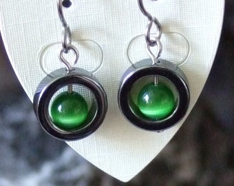 Irish Green Fibre Optic Center Titianium Earwires Hematite Circle Handmade in Newfoundland Optimism Alaska Black Diamond Hypo Allergenic