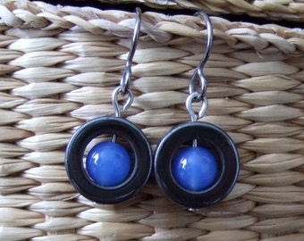 Blue Onyx Center Hematite Circle Dangle Earrings EaringsTitanium Ear Wires Hypo Allergenic