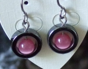 Pretty in Pink Fibre Optic Center Titianium Earwires Hematite Circle Handmade in Newfoundland Optimism Alaska Black Diamond Hypo Allergenic