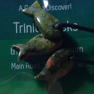 Unakite Carved Stone Fishes on Adjustable Black Cotton Cord Made in Newfoundland Love Semi Precious Stone Pink Green Khaki
