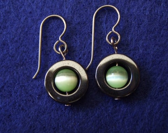Celery Green Fibre Optic Center Titianium Ear Wires Hematite Circle Handmade in Newfoundland OPTIMISM Alaska Black Diamond